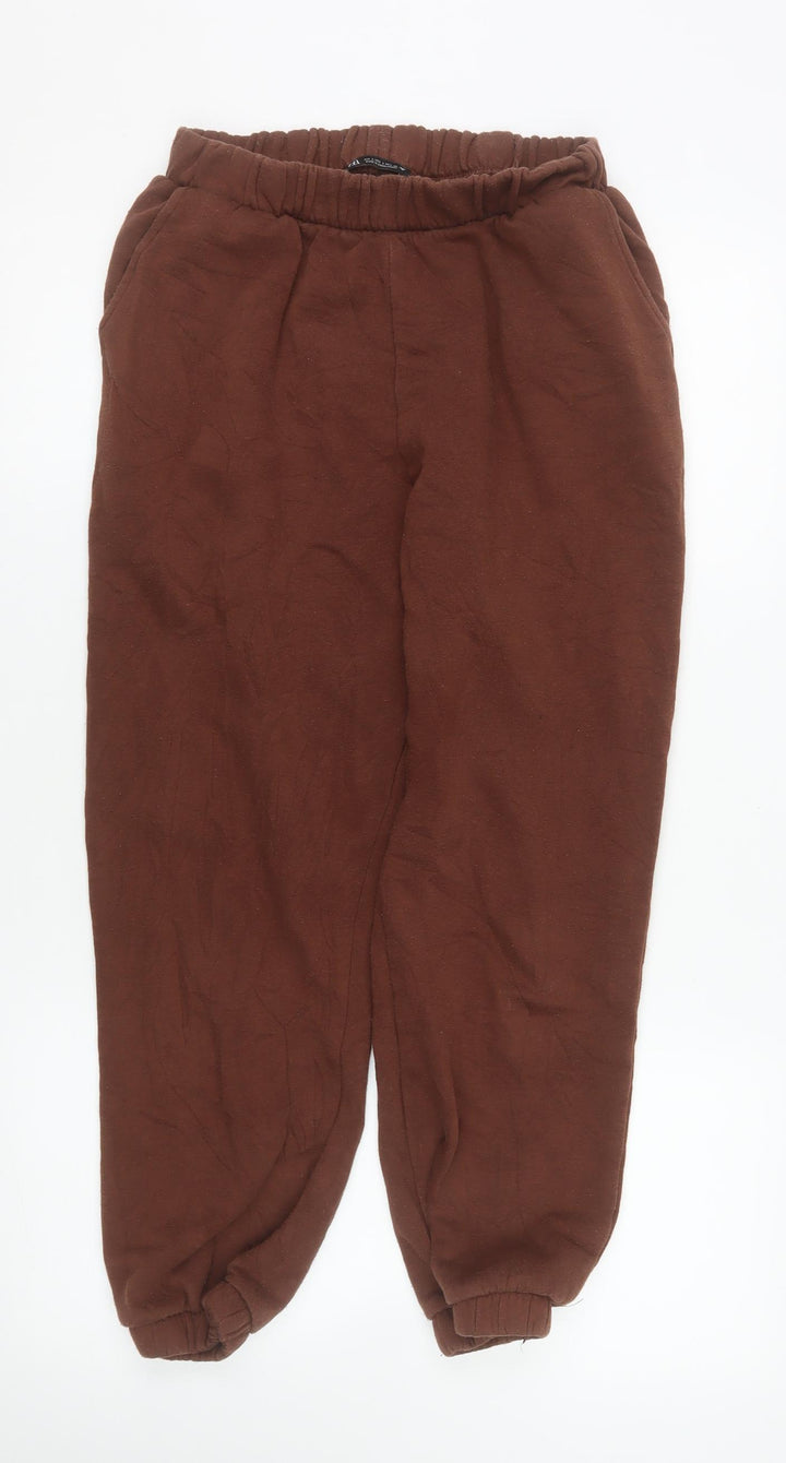 Zara Womens Brown Jogger Sweatpants L Cotton Blend Elastic Waist