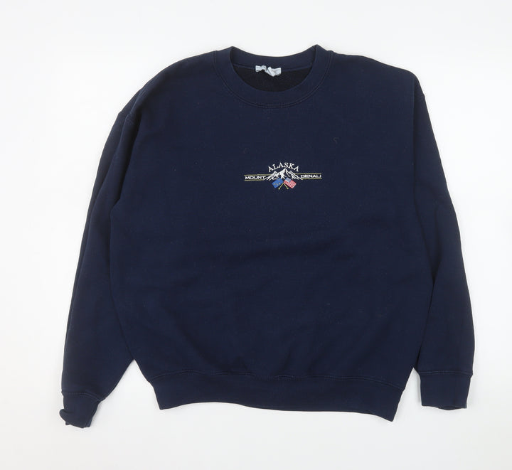 Topshop Women's Navy Pullover Sweatshirt M Alaska Embroidered Crew Neck