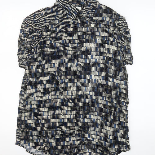Marks and Spencer Men's Blue Geometric Short Sleeve Viscose Shirt M