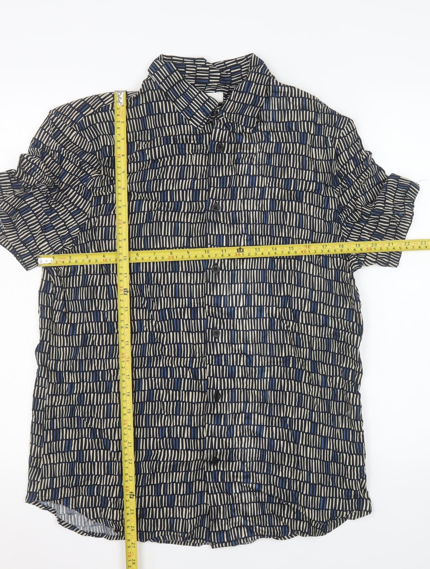 Marks and Spencer Men's Blue Geometric Short Sleeve Viscose Shirt M