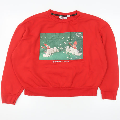 Elves Behavin' Badly Women Red Medium Pullover Sweatshirt Christmas Elf Graphic