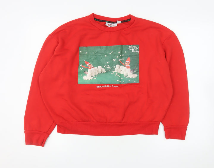 Elves Behavin' Badly Women Red Medium Pullover Sweatshirt Christmas Elf Graphic
