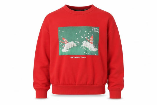 Front view of Elves Behavin' Badly Women Red Medium Pullover Sweatshirt Christmas Elf Graphic