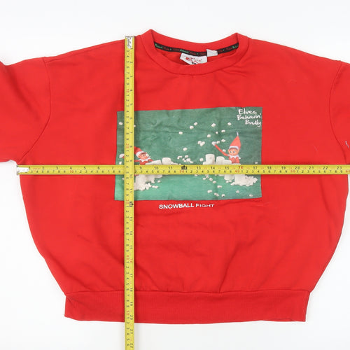Elves Behavin' Badly Women Red Medium Pullover Sweatshirt Christmas Elf Graphic
