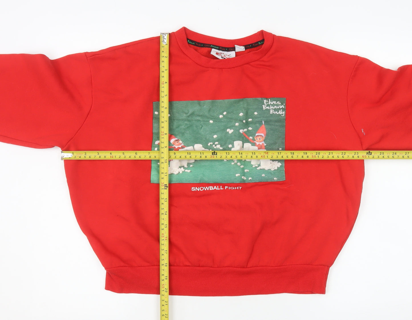 Elves Behavin' Badly Women Red Medium Pullover Sweatshirt Christmas Elf Graphic