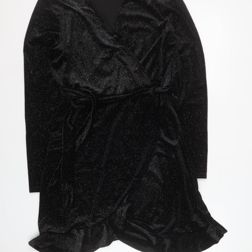 Quiz Women Black Size 14 Wrap Velvet Long Sleeve Party Dress