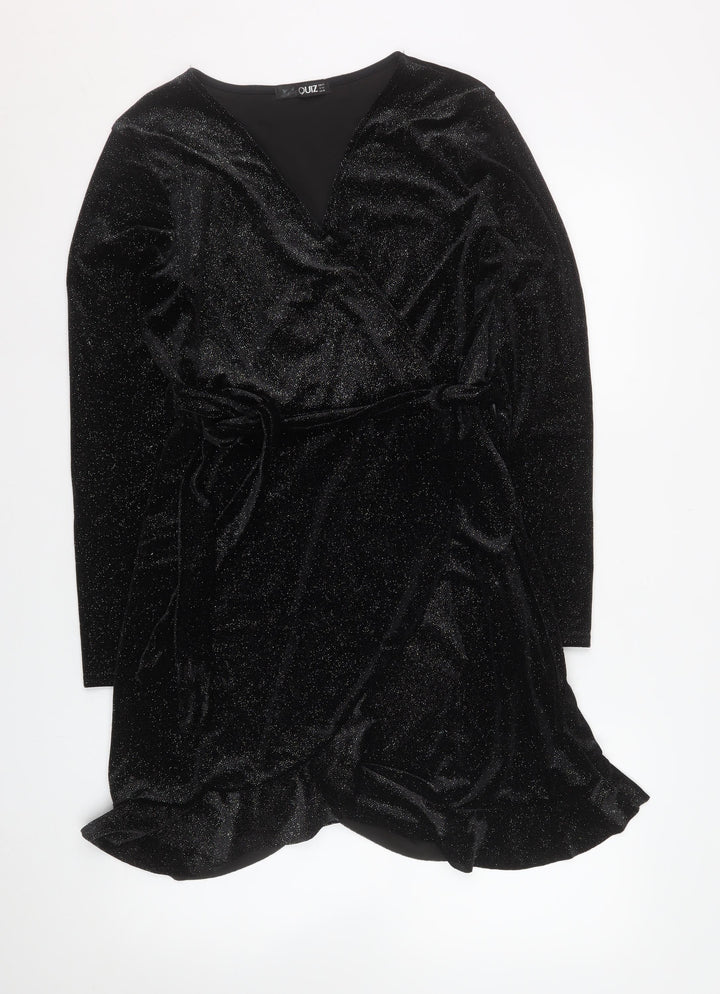 Quiz Women Black Size 14 Wrap Velvet Long Sleeve Party Dress