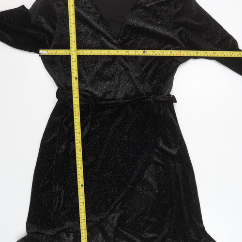 Quiz Women Black Size 14 Wrap Velvet Long Sleeve Party Dress