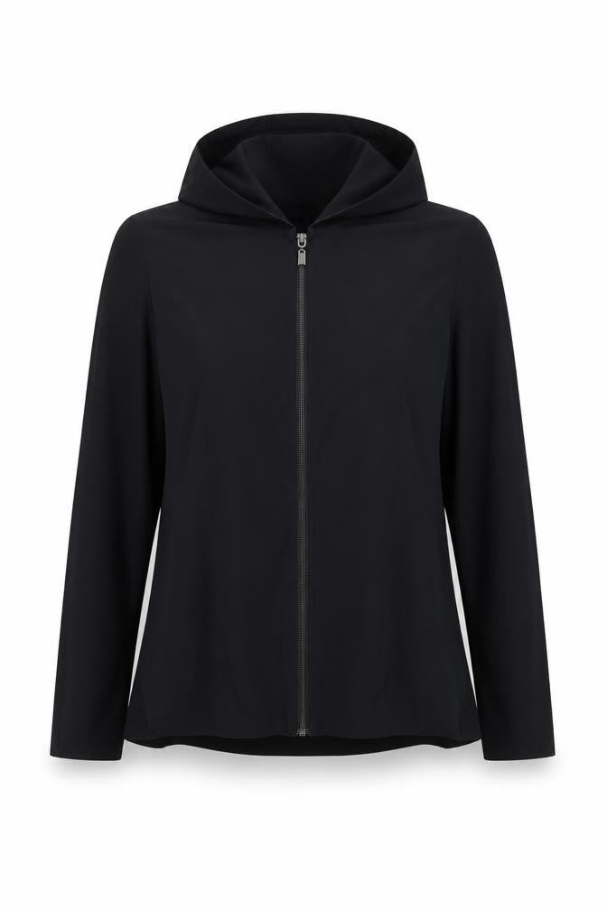 Front view of Naya Women's Black Hooded Full Zip Windbreaker Jacket, size 8