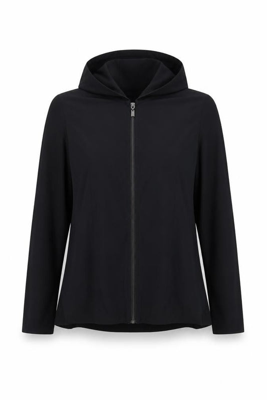 Front view of Naya Women's Black Hooded Full Zip Windbreaker Jacket, size 8
