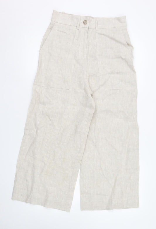 John Lewis & Partners Women’s Beige Linen Wide-Leg Cropped Trousers Size 8