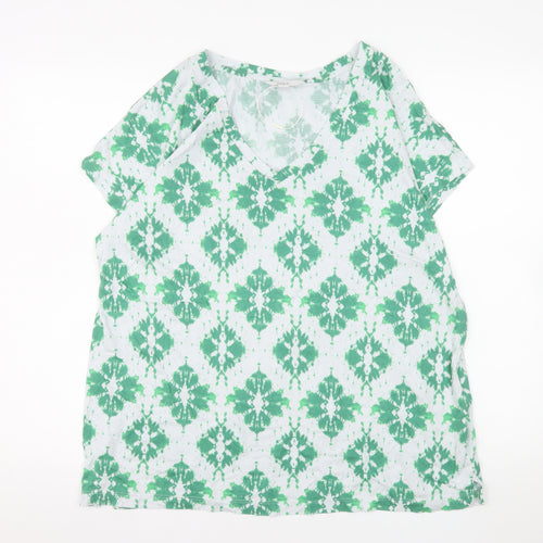 Marks and Spencer Women's Green Geometric V-Neck Cotton Modal T-Shirt Size 14