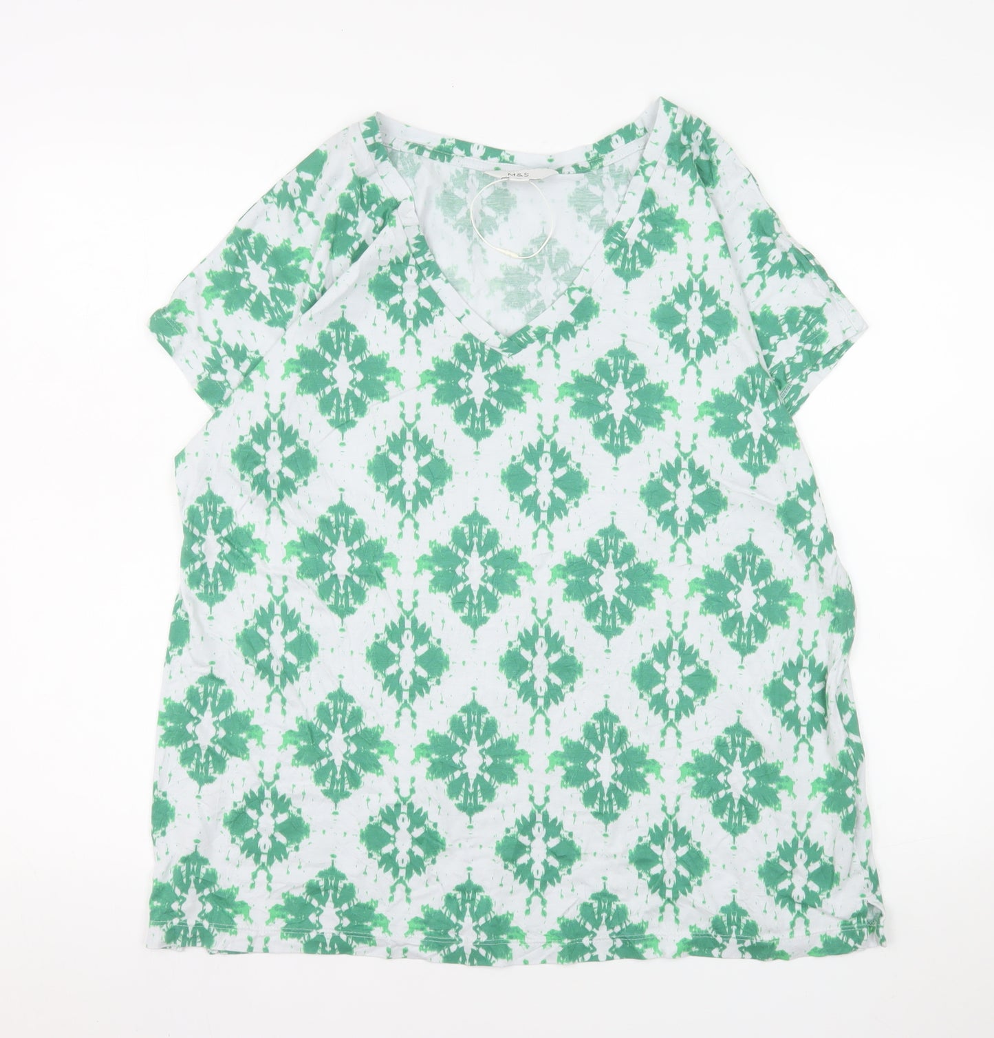 Marks and Spencer Women's Green Geometric V-Neck Cotton Modal T-Shirt Size 14