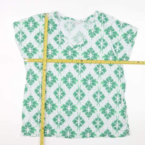 Marks and Spencer Women's Green Geometric V-Neck Cotton Modal T-Shirt Size 14