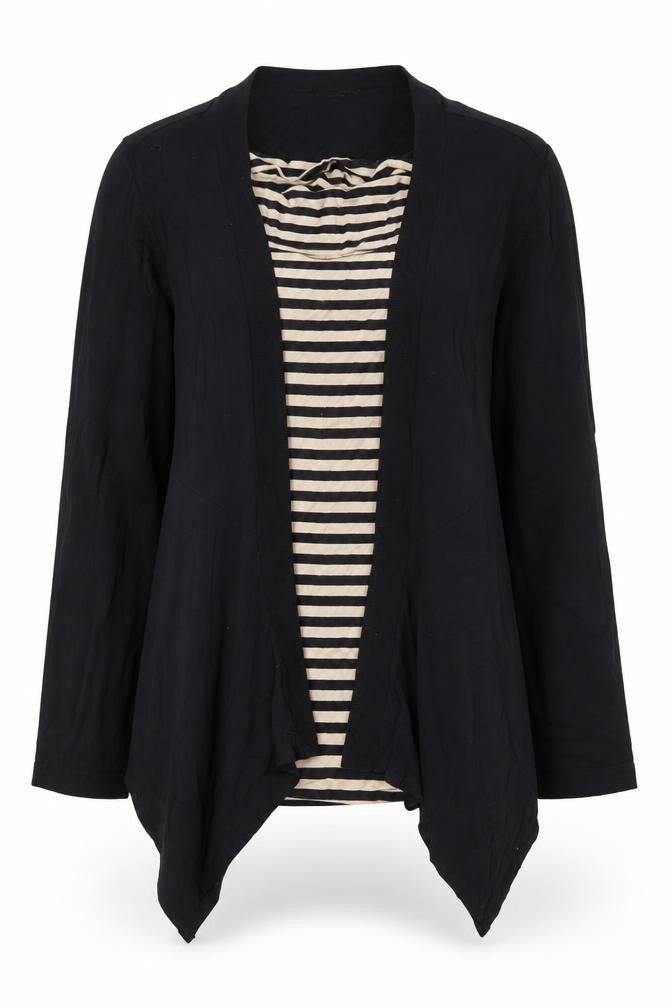 Front view of Pomodoro women’s black striped long sleeve wrap blouse, size UK 10