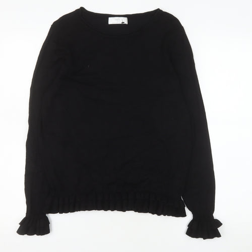 Wallis Petite Black Long Sleeve Ruffle Hem Viscose Blouse Size 14