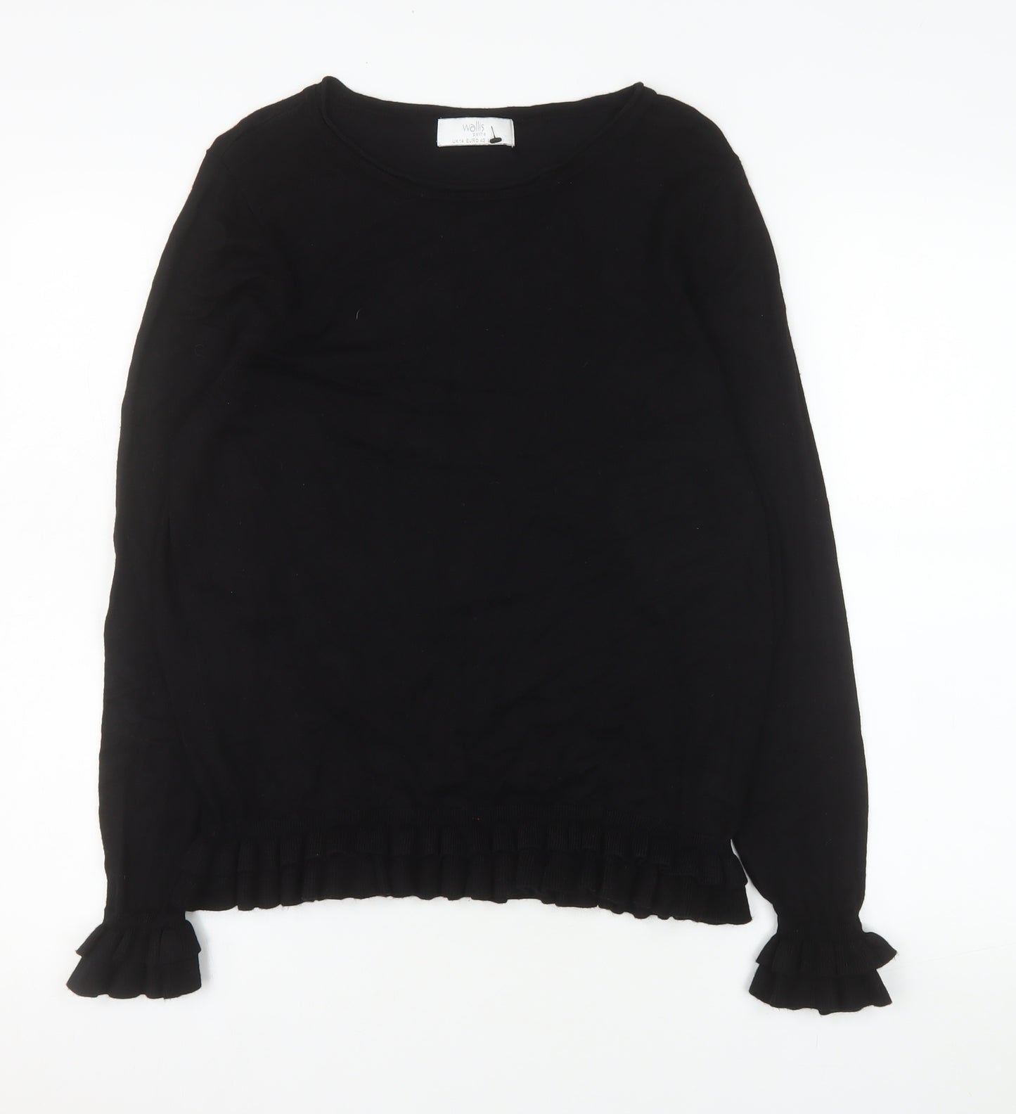 Wallis Petite Black Long Sleeve Ruffle Hem Viscose Blouse Size 14