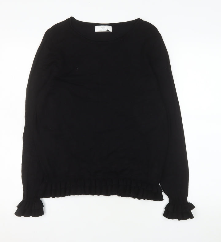 Wallis Petite Black Long Sleeve Ruffle Hem Viscose Blouse Size 14