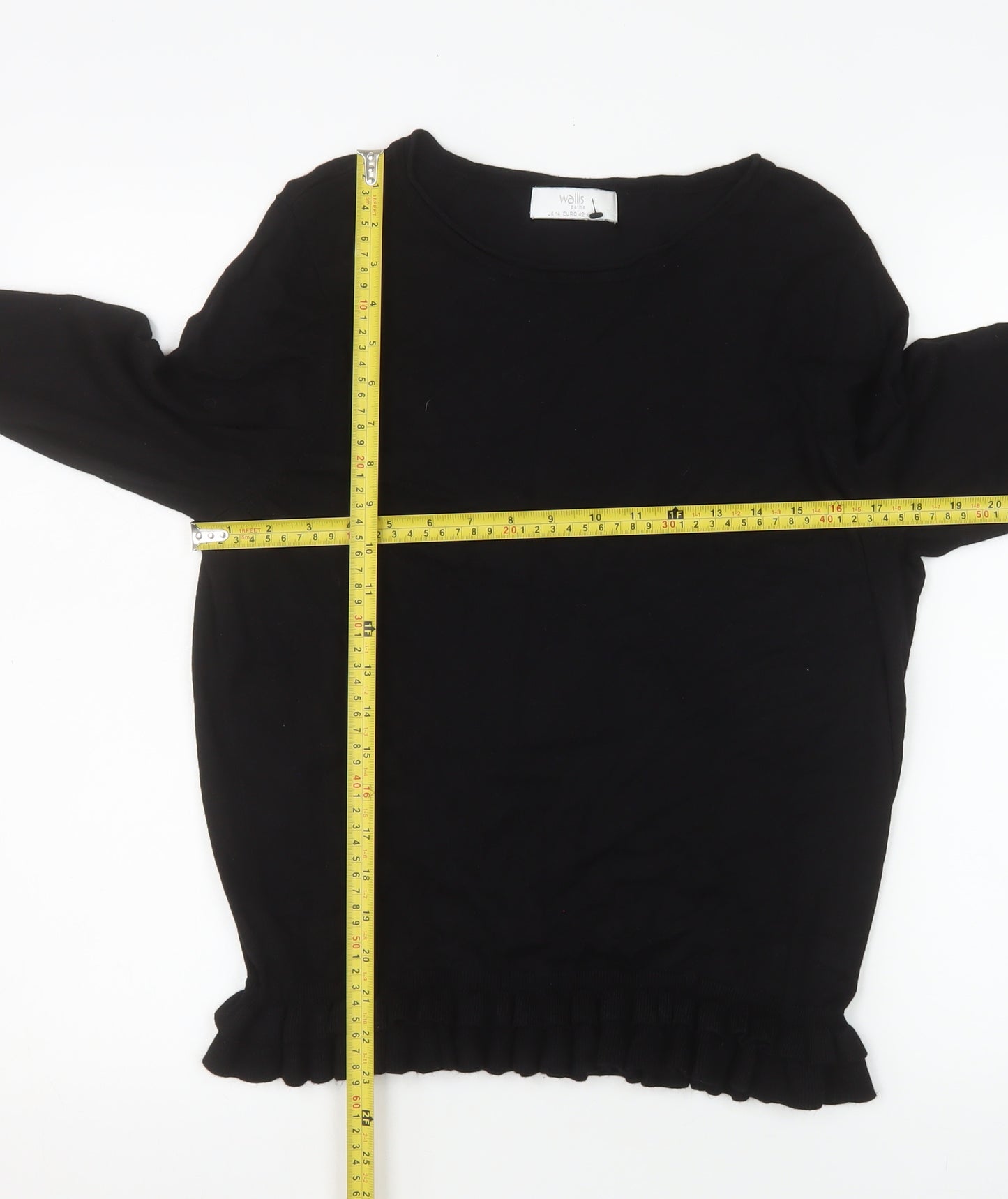 Wallis Petite Black Long Sleeve Ruffle Hem Viscose Blouse Size 14