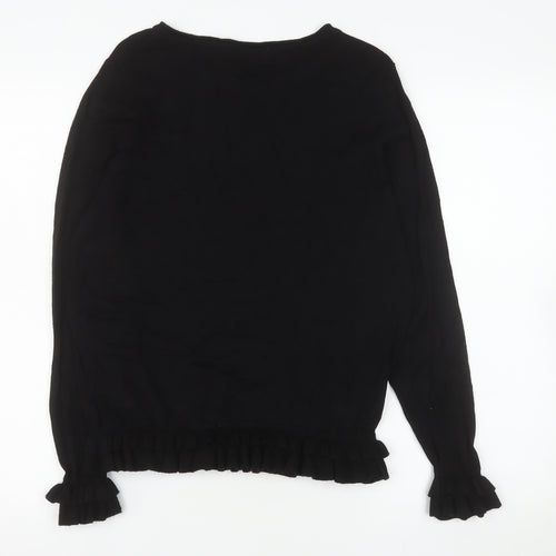 Wallis Petite Black Long Sleeve Ruffle Hem Viscose Blouse Size 14