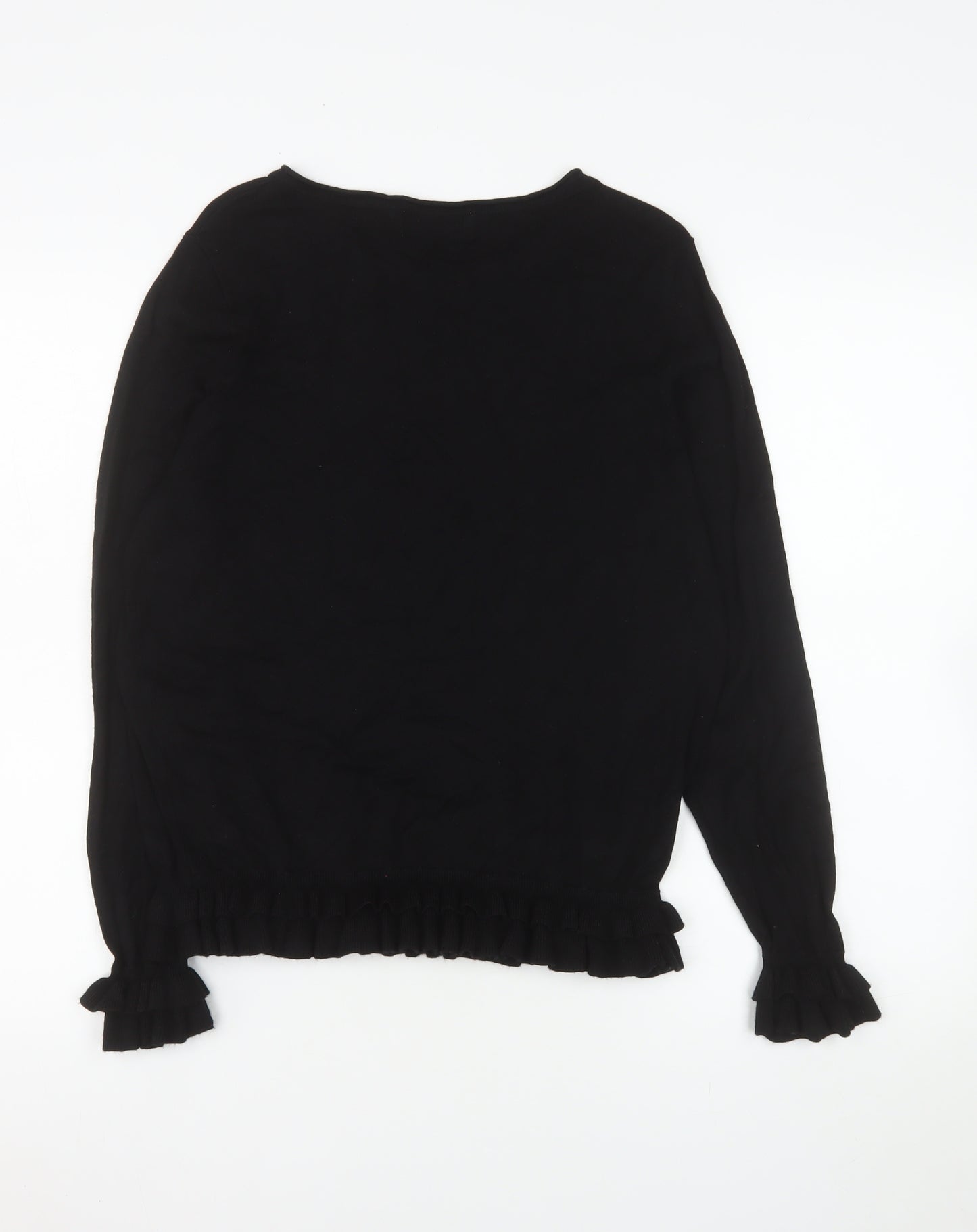 Wallis Petite Black Long Sleeve Ruffle Hem Viscose Blouse Size 14