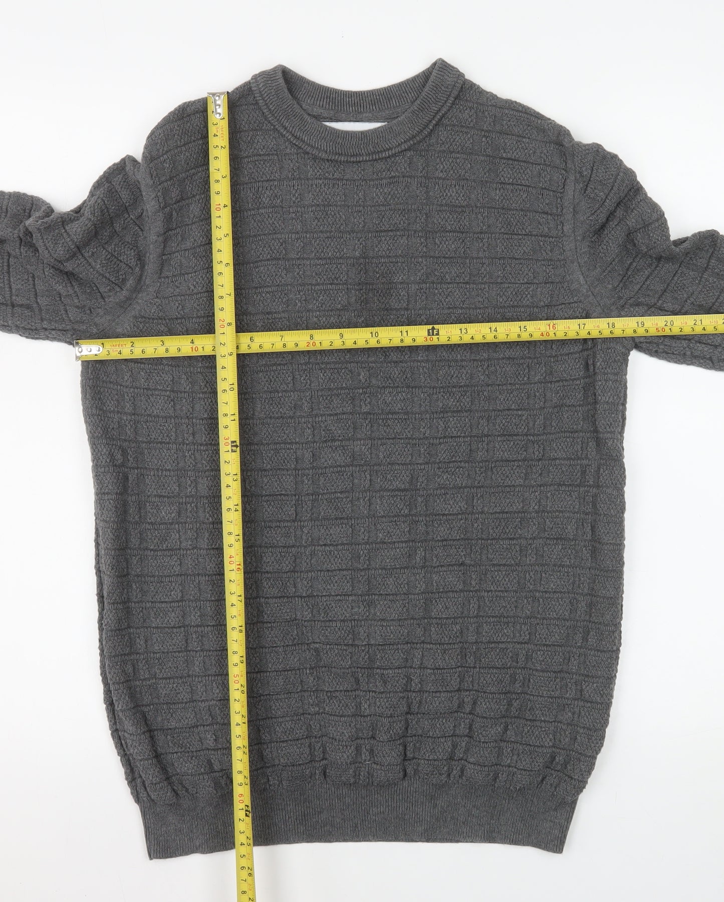 Nigel Hall Men's Grey Cotton Waffle Knit Crew Neck Jumper M