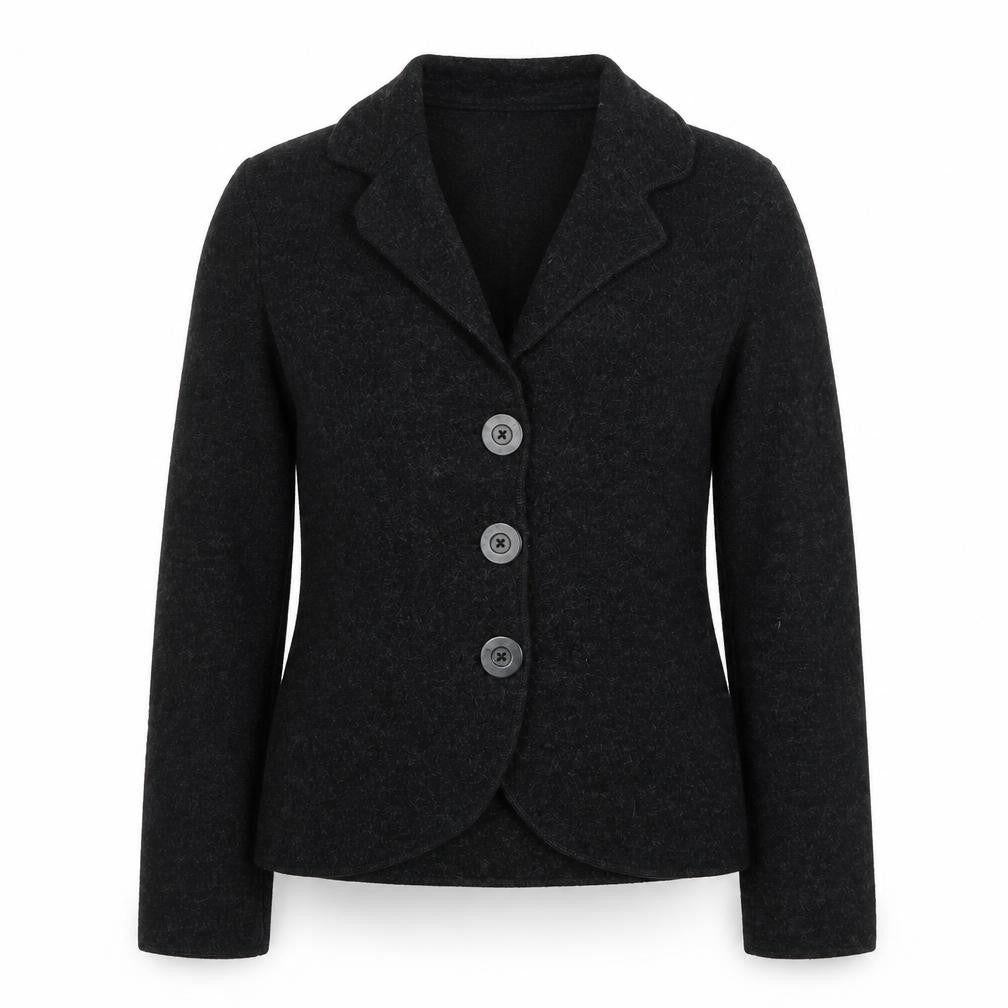 Front view of East Women Black Wool Suit Jacket, size 12, Single Breasted