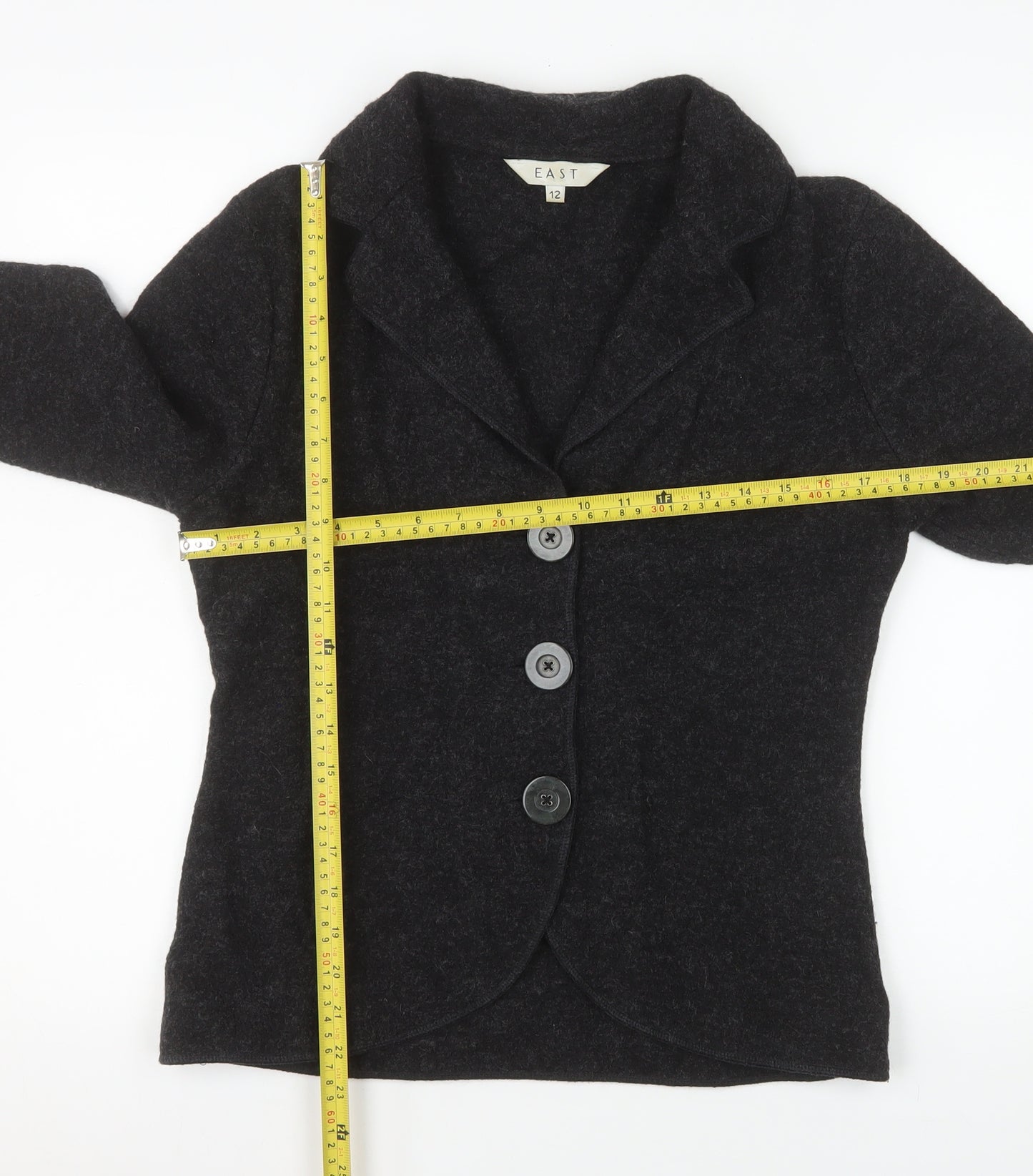 EAST Women Black Wool Suit Jacket Size 12 Single Breasted