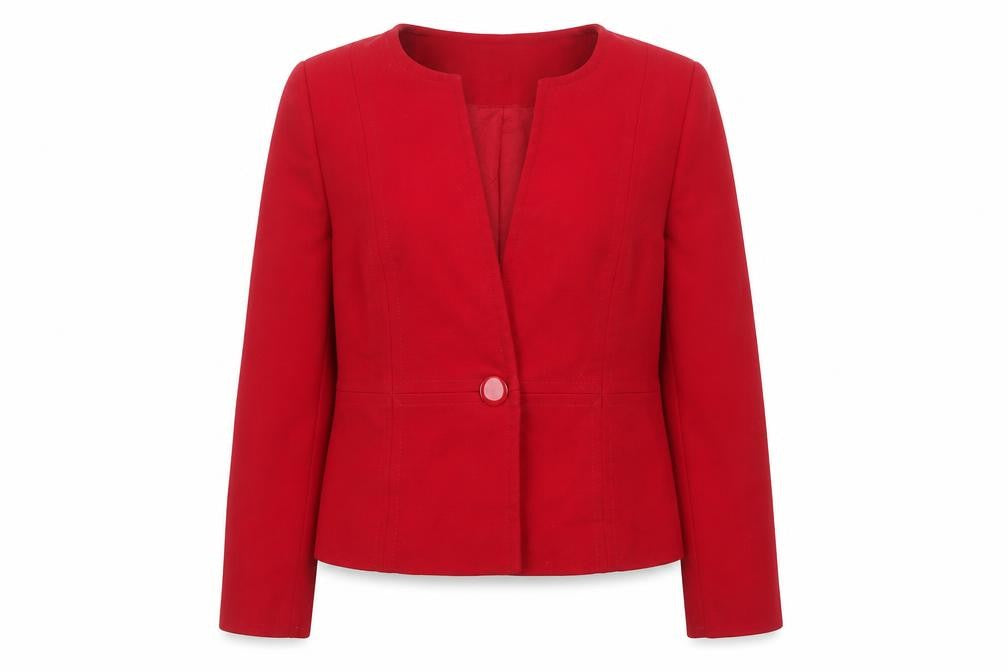 Front view of Country Casuals Petite Red One-Button Suit Jacket, size UK 10, women’s classic fit