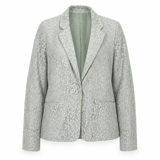 Front view of Mango Women Grey Floral Lace Blazer Jacket, size 14, Tailored Formal