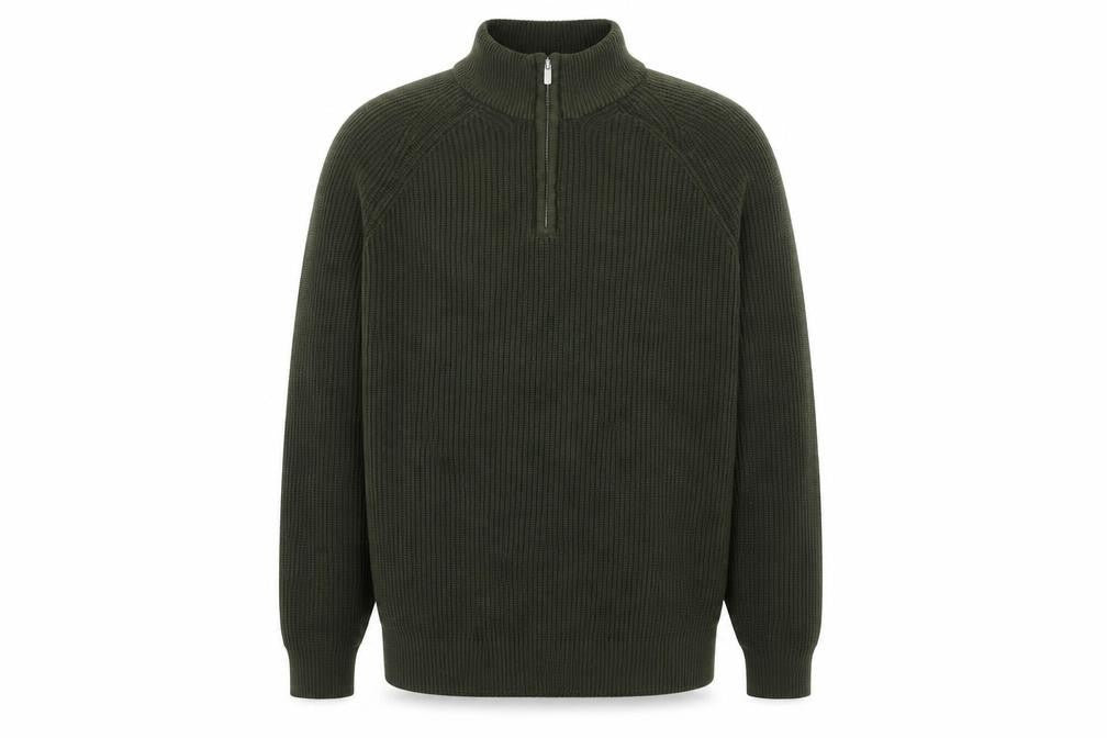 Front view of Tu Men’s Green 1/4 Zip Knit Pullover Sweatshirt, size L