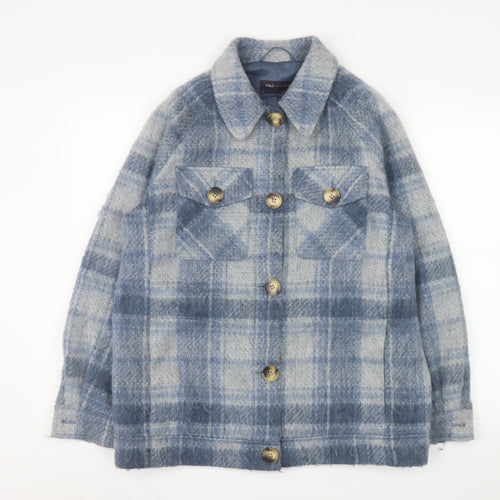Marks and Spencer Women Blue Check Wool Blend Mid-Length Jacket Size 10