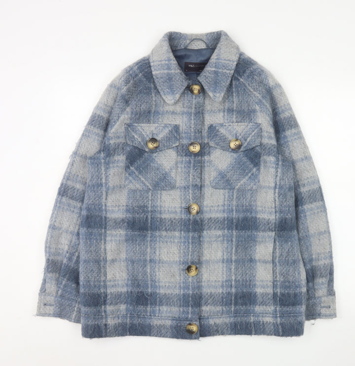 Marks and Spencer Women Blue Check Wool Blend Mid-Length Jacket Size 10