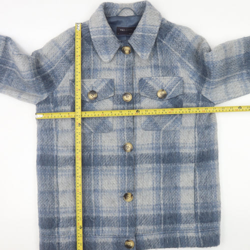 Marks and Spencer Women Blue Check Wool Blend Mid-Length Jacket Size 10