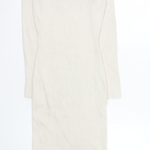 H&M Women Ivory Knit Bodycon Midi Dress Size 10 Long Sleeve