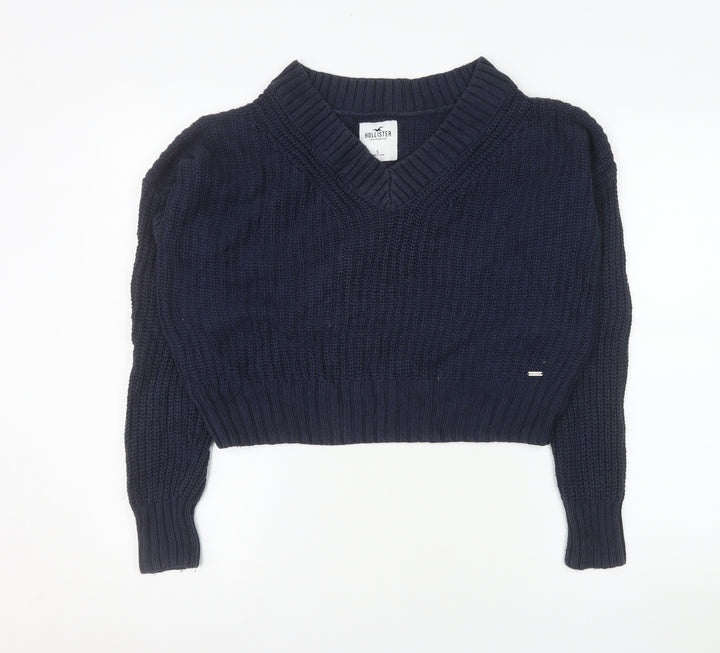 Hollister Women's Navy V-Neck Chunky Knit Jumper Size S