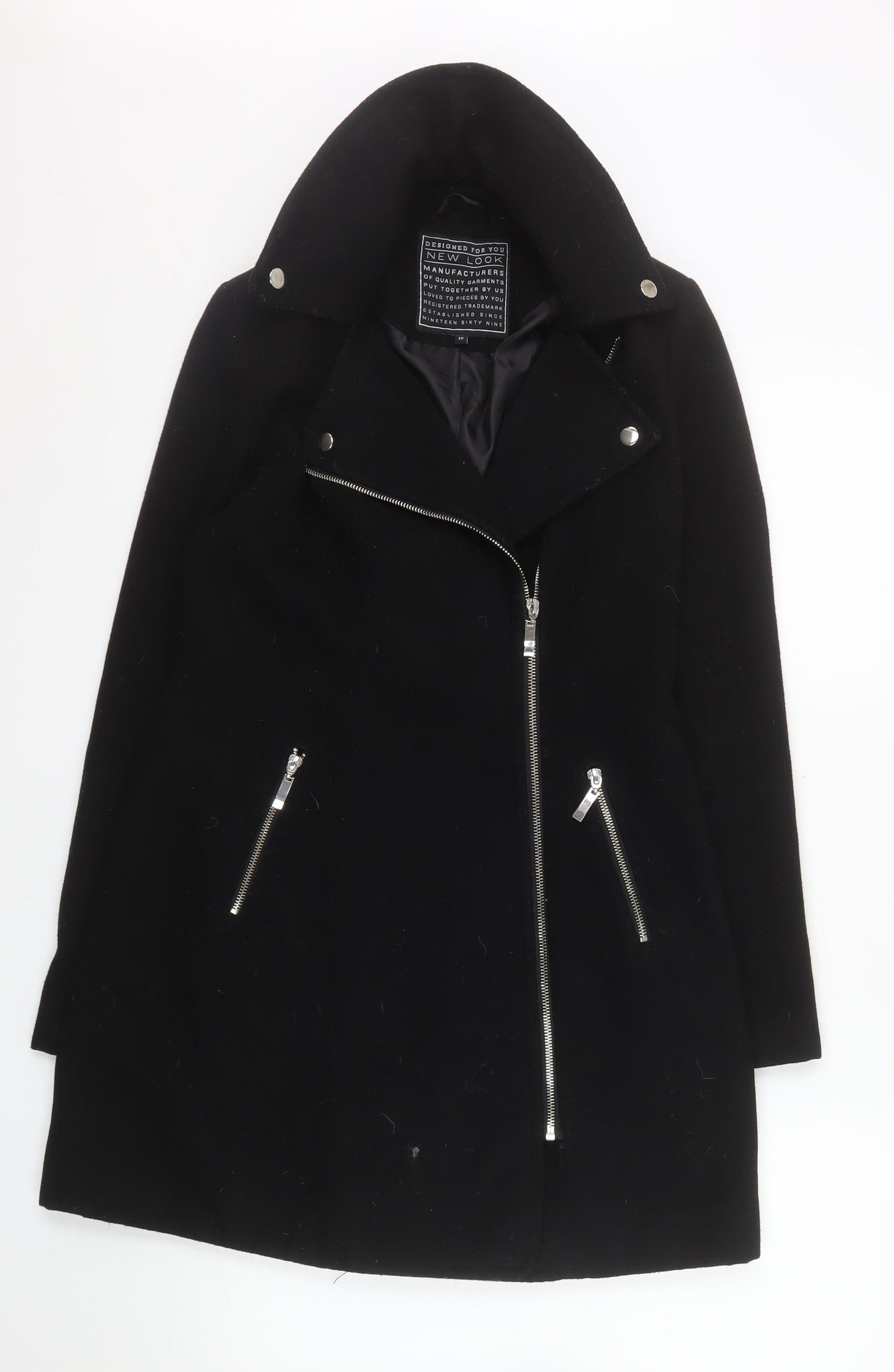 New Look Womens Black Size 10 Biker Coat with Zip Pockets