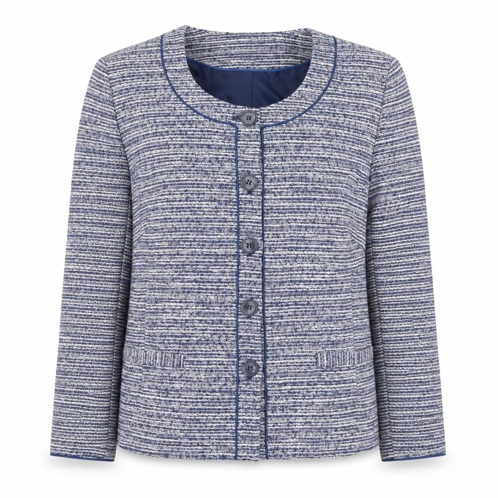 Front view of Eastex Women’s Blue Striped Woven Lined Blazer Jacket, size UK 16