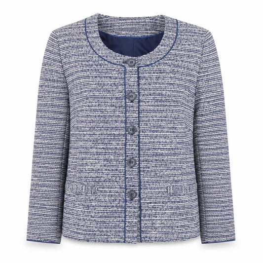 Front view of Eastex Women’s Blue Striped Woven Lined Blazer Jacket, size UK 16