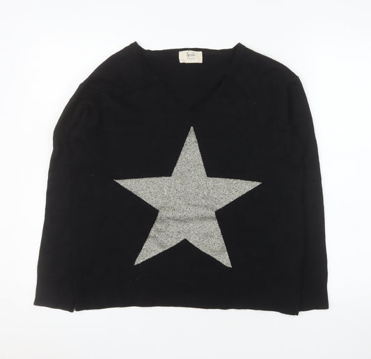 Hush Womens Black Star V-Neck Lightweight Knit Jumper Size S
