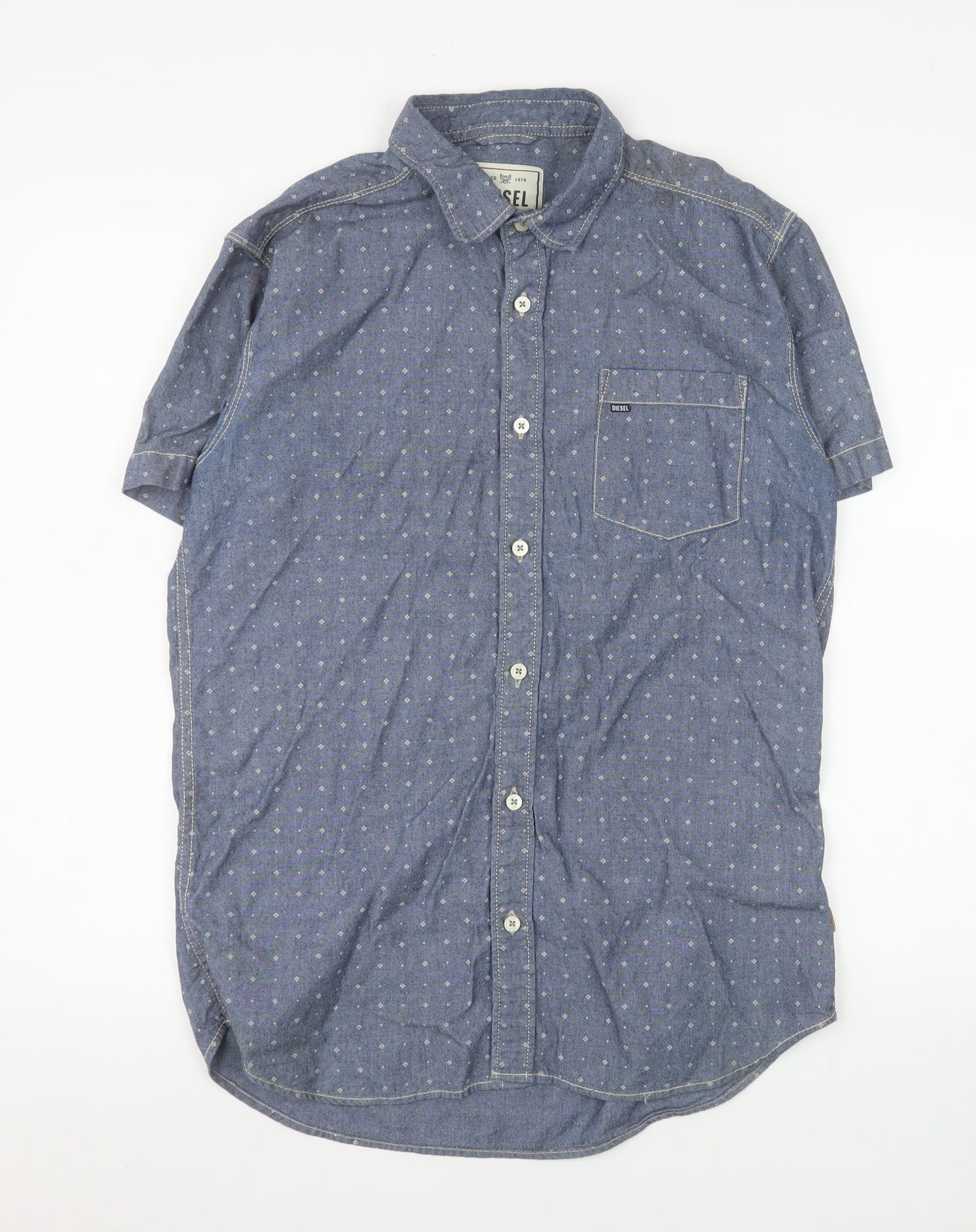 Diesel Men Blue Short Sleeve Cotton Button-Up Shirt M