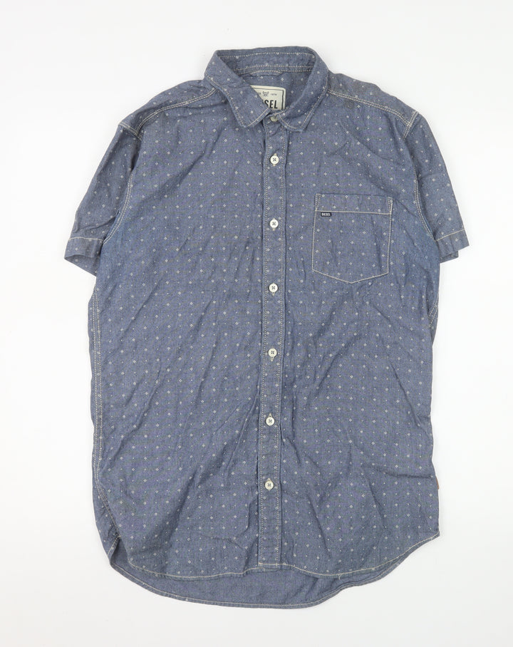 Diesel Men Blue Short Sleeve Cotton Button-Up Shirt M