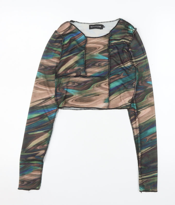 PrettyLittleThing Women’s Multicoloured Cropped Mesh Long Sleeve Top Size 8