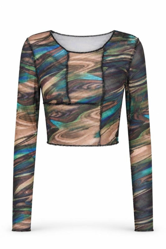 Front view of PRETTYLITTLETHING Women’s Multicoloured Cropped Mesh Long Sleeve Top, size UK 8