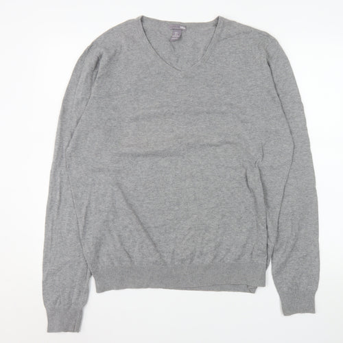 H&M Men Grey Cotton V-Neck Pullover Jumper Size L