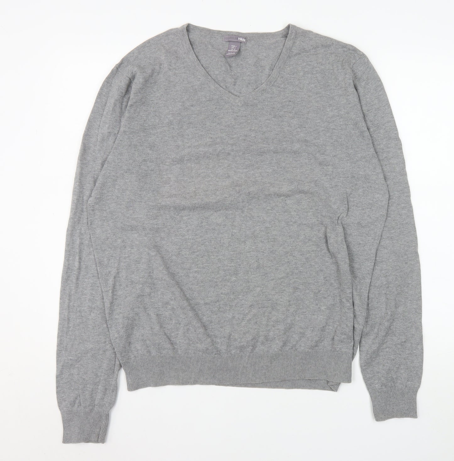 H&M Men Grey Cotton V-Neck Pullover Jumper Size L