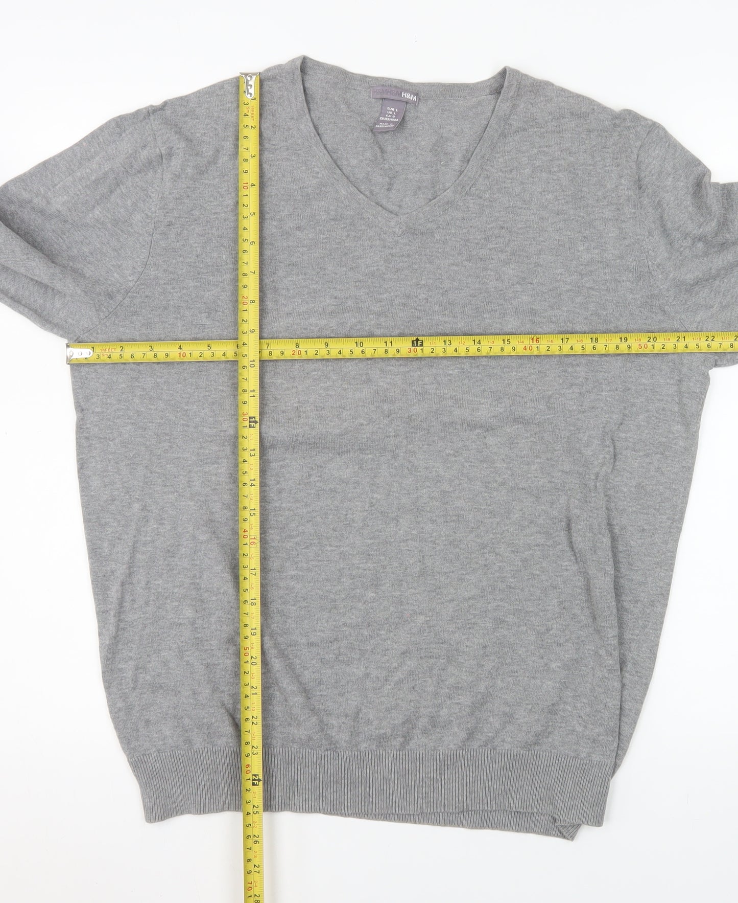 H&M Men Grey Cotton V-Neck Pullover Jumper Size L