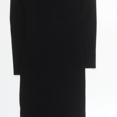 New Look Women's Black Collared Long Sleeve Ribbed Bodycon Midi Dress Size 12