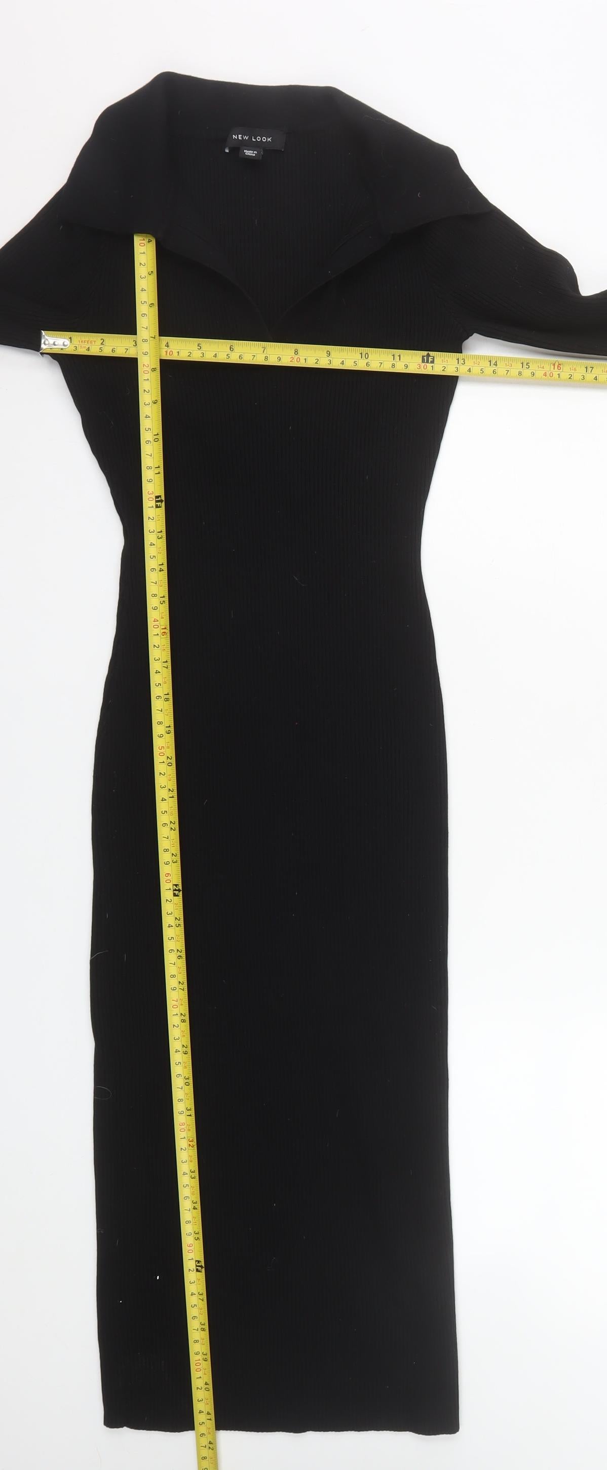 New Look Women's Black Collared Long Sleeve Ribbed Bodycon Midi Dress Size 12