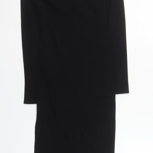 New Look Women's Black Collared Long Sleeve Ribbed Bodycon Midi Dress Size 12